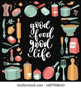 Handwritten lettering cooking quote and hand drawn kitchenware and utensils. Food preparation and brush ink calligraphy. Vector illustration in flat style isolated on black background.