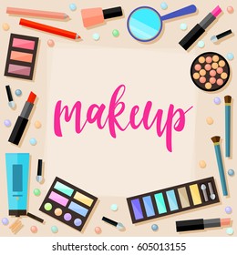 Handwritten lettering and cosmetic elements on beige background. 