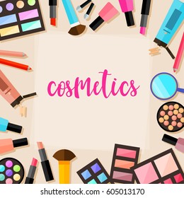 Handwritten lettering and cosmetic elements on beige background. 