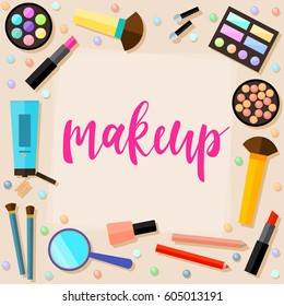 Handwritten lettering and cosmetic elements on beige background. 