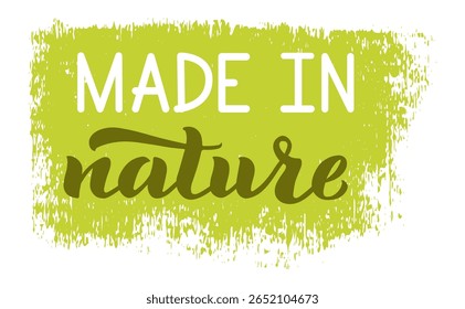 Handwritten lettering crafted in nature promotes natural products against a vibrant green background, offering ample copy space for branding and messaging