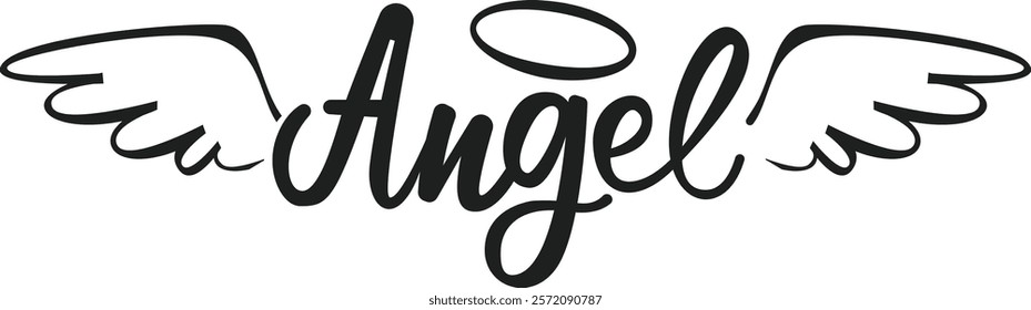 Handwritten lettering forming the word angel, adorned with delicate wings and a halo, embodying themes of spirituality, purity, and a divine presence in a serene design