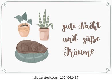 Handgeschriebene Schrift in deutscher "Nacht und süße Träume", in englischer Sprache bedeutet "Gute Nacht und süße Träume". Schlafende Katze auf einem Kissen in der Nähe von Hauspflanzen. Deutsche Handschrift. Vektorkunst