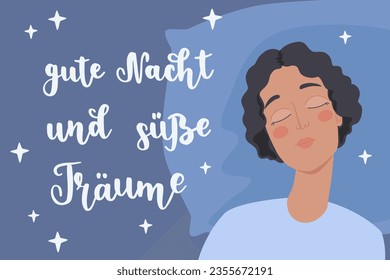 Handgeschriebene Schrift in deutscher "Nacht und süße Träume", in englischer Sprache bedeutet "Gute Nacht und süße Träume". Schlafende Frau auf einem Kissen. Deutsche Handschrift. Vektorgrafik, handgezeichnet.