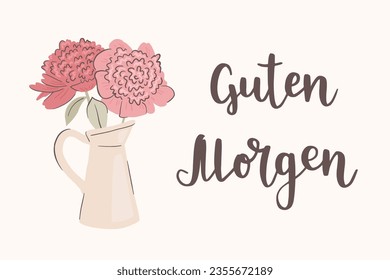 Letras escritas a mano en alemán "Guten Morgen", en inglés significa "Buenos días". Los peones flameran en un jarrón. Grabado de la mano en alemán. Ilustración dibujada a mano por vectores.