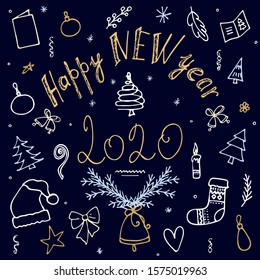 Hand-written lettering and hand -drawn set of New Year and Christmas elements: Christmas trees, bells, hat of Santa Claus. For banners, posters, prints and designs. Happy new year 2020 greeting card.