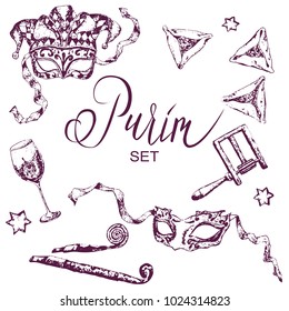 Handwritten lettering and hand-drawn symbols for Purim holiday. Festive set for design projects, posters, greeting cards.