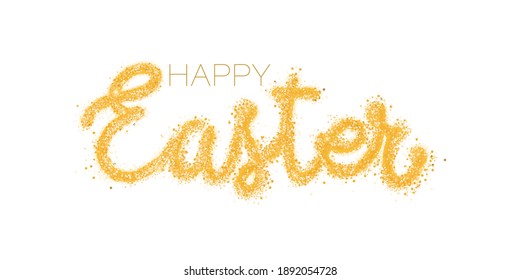 Handwritten lettering Happy Easter. Gold glitter texture. Sequins and rhinestones. Vector for greeting card, postcard, invitation, poster, banner.