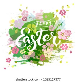 Handwritten lettering Happy Easter isolated on watercolor painting imitation background. Lettering Easter for art shop, logo, badge, postcard, poster, banner, web. Vector illustration.