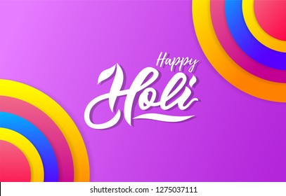 Handwritten lettering of Happy Holi on purple background. White color. Colorful circles. Modern calligraphy. Inscription of card, logo, banner, poster, flyer