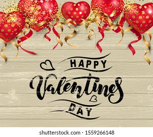 Handwritten lettering Happy Valentine day with hearts on wood background. Place for text. Vector illustration for Happy Mother's, Valentine's, Women's day, greeting card, wedding.