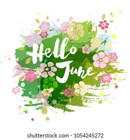 Handwritten lettering Hello June isolated on watercolor painting imitation background. Lettering for Warm Season card, art shop, logo, badge, postcard, poster, banner, web. Vector illustration.