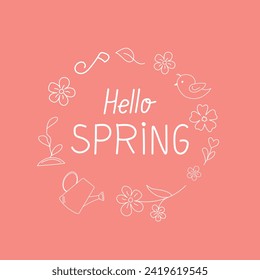 Handwritten lettering hello spring in the frame of doodle elements. Spring mood card. Springtime, greeting concept.