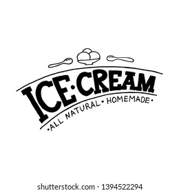 Handwritten lettering Ice Cream. Elements for labels, logos, badges, stickers or icons. Black letters isolated on white background. Typographic for restaurant, bar, cafe, menu, ice cream or sweet shop
