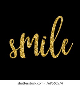 Handwritten lettering isolated on black. Doodle handmade quote. Gold texture. 