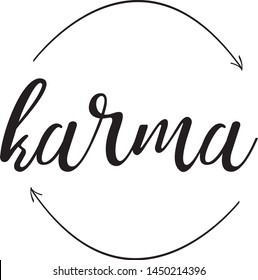 Handwritten lettering "Karma" with two arrows. Text design. Calligraphy typography poster. Can be used as a background. Vector Eps 8.