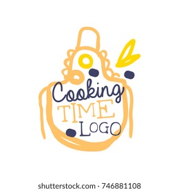 Handwritten lettering logo with apron and phrase cooking time