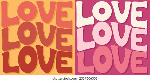 Handwritten lettering love love love in square shape. Colorful cartoon vector design. Illustration for any purpose. Positive motivational or inspirational quote. Groovy cool vintage lettering.