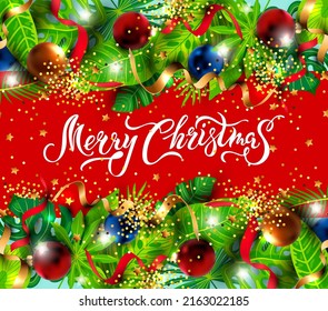 Handwritten lettering Merry Christmas with exotic tropical leaves and new year ornaments. Great for greeting card, Happy New Year party in Hawaiin style, invitations and more. Place for text. Vector