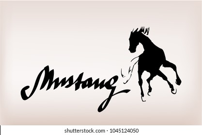 Handwritten lettering Mustang Vector illustration with jumping horse and text on brown background for postcard, card, invitation, poster, banner template lettering typography
