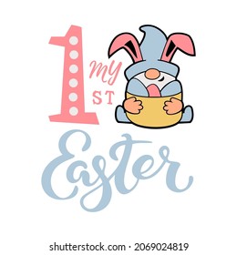 Handwritten lettering My First Easter with adorable gnome as bunny. Vector illustration.