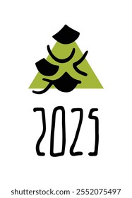 Handwritten lettering. New Year's date. Template for New Year's greetings. Stylization of a Christmas tree. Tree in a flat cartoon style. 2025. 
