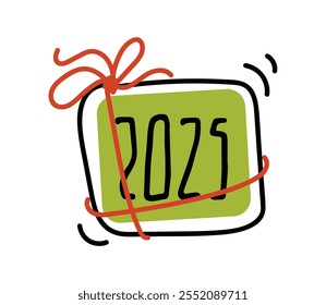 Handwritten lettering. New Year's date. Template for New Year's greetings. 2025. Wrapped gift. Surprise tied with a ribbon. Stylized illustration in cartoon style.