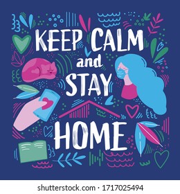 Handwritten lettering poster with the words "stay home" and colorful illustration around.