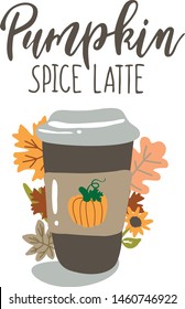 Handwritten Lettering Pumpkin Space Latte with a cup. Vector cafe template with hand drawn graphic.