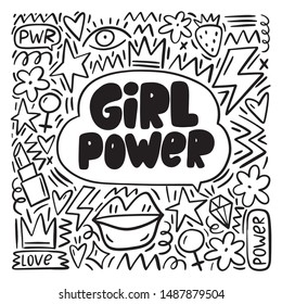 Handwritten lettering quote  - girls are power. Doodle abstract background - hearts, lips, lipstick, crown, lightning, strawberries.