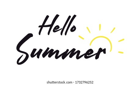 Handwritten lettering quote of Hello Summer with sun on white background.