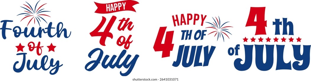Handwritten lettering set for July 4th on transparent background, Happy 4th of July, fireworks
