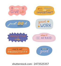 Handwritten lettering set with motivational and cheering phrases in abstract and geometric bubbles. Cute typography for good job, achievement, reward. Inspirational doodle for poster, print, sticker.