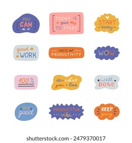 Handwritten lettering set with motivational and cheering phrases in abstract and geometric bubbles. Cute typography for good job, achievement, reward. Inspirational doodle for poster, print, sticker.