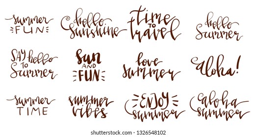 Handwritten lettering set of summer theme phrases isolated on white.