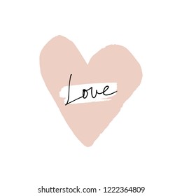 Handwritten lettering sign Love and cutout heart, paper collage style, isolated. Vector illustration, clipart. Good for mugs, t-shirts, notebooks, posters and social media post. Blog apparel.