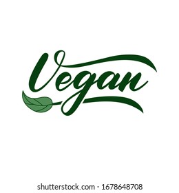 Handwritten lettering sketch Vegan. Green vector logo with leaf. Modern brush calligraphy style 