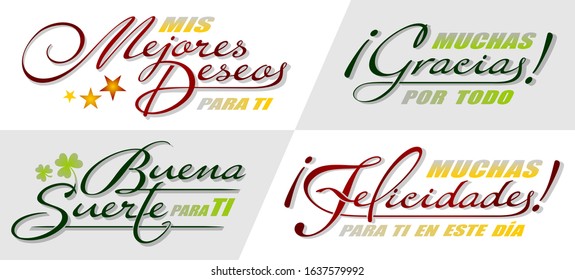 Handwritten lettering in Spanish language - Felicidades, Mejores deseos, Buena Suerte, Gracias. Vector calligraphy isolated phrases - Congratulations, Best wishes, Good luck, Thank you