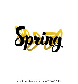 Handwritten Lettering Spring. Vector Illustration of Calligraphy and Nature Plants Design Element.