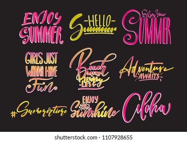 Handwritten lettering, summer holidays and vacation quotes set.