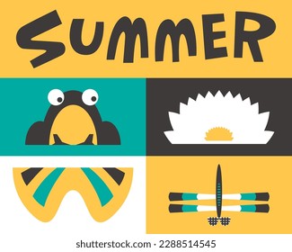 Handwritten lettering summer. Stylized dragonfly, frog and lily in the form of simple geometric shapes. The concept of a summer banner, postcard, printable poster in a bright futuristic style.