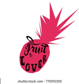 Handwritten lettering text "fruit lover" for clothes design or fruit designed product. Calligraphy logo, banner, poster in pink color