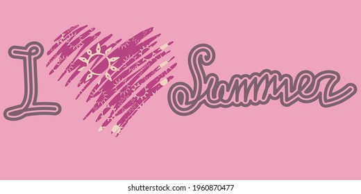 Handwritten lettering text "I love summer" with yellow doodle suns in shape of heart on a pink background for prints, posters, banners, cards. Vector illustration, eps 10.