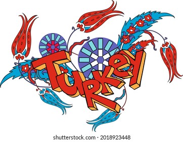 Handwritten lettering Turkey surrounded by Turkish ornaments on a white background