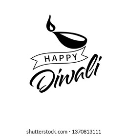 Handwritten lettering type composition of Happy Diwali with fire lamp. Typography poster for Diwali festival.