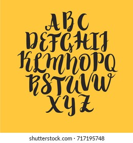 Handwritten lettering vector font aphabet. Coloring english capital letters. Blue colors typography, isolated on yellow background