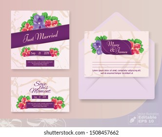 Handwritten Lettering Wedding Invitation and Greeting Set. Card, Postcard, Envelop. Blossom Flowers Bud Decoration in Wreath and Single Buds. Event Text in Frame, on Tape. Vector Illustration EPS 10