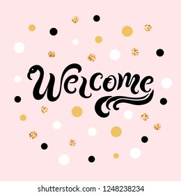 Handwritten lettering Welcome like flamingo isolated on pink background. Vector illustration for party invitation, banner, poster, birthday, web, baby shower.