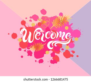 Handwritten lettering Welcome like flamingo isolated on pink background. Vector illustration for party invitation, banner, poster, birthday, web, baby shower.