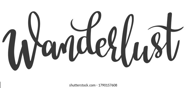 Hand-written lettering word Wanderlust. Vector illustration, isolated on white background. Design for greeting card, poster, banner etc.